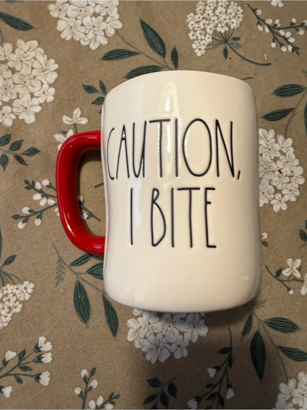Rae Dunn White Mug with Red Handle - "Caution, I Bite"